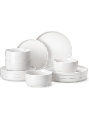 12-Piece Modern White Porcelain Dinnerware Set for 4 - Chip & Scratch Resistant